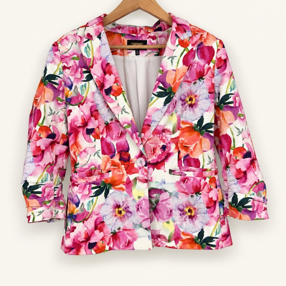 Alexia Admor 10 Blazer Floral Ruched 3/4 Sleeve Stretch Romantic Garden Party